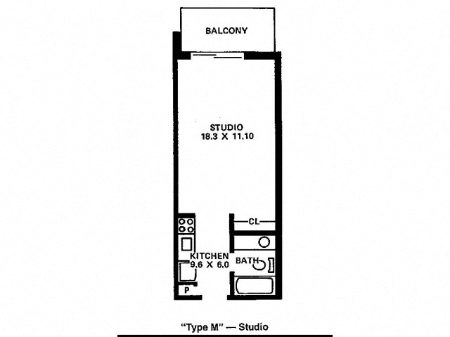 Floor plan for studio, 1 bath, 390 sqft